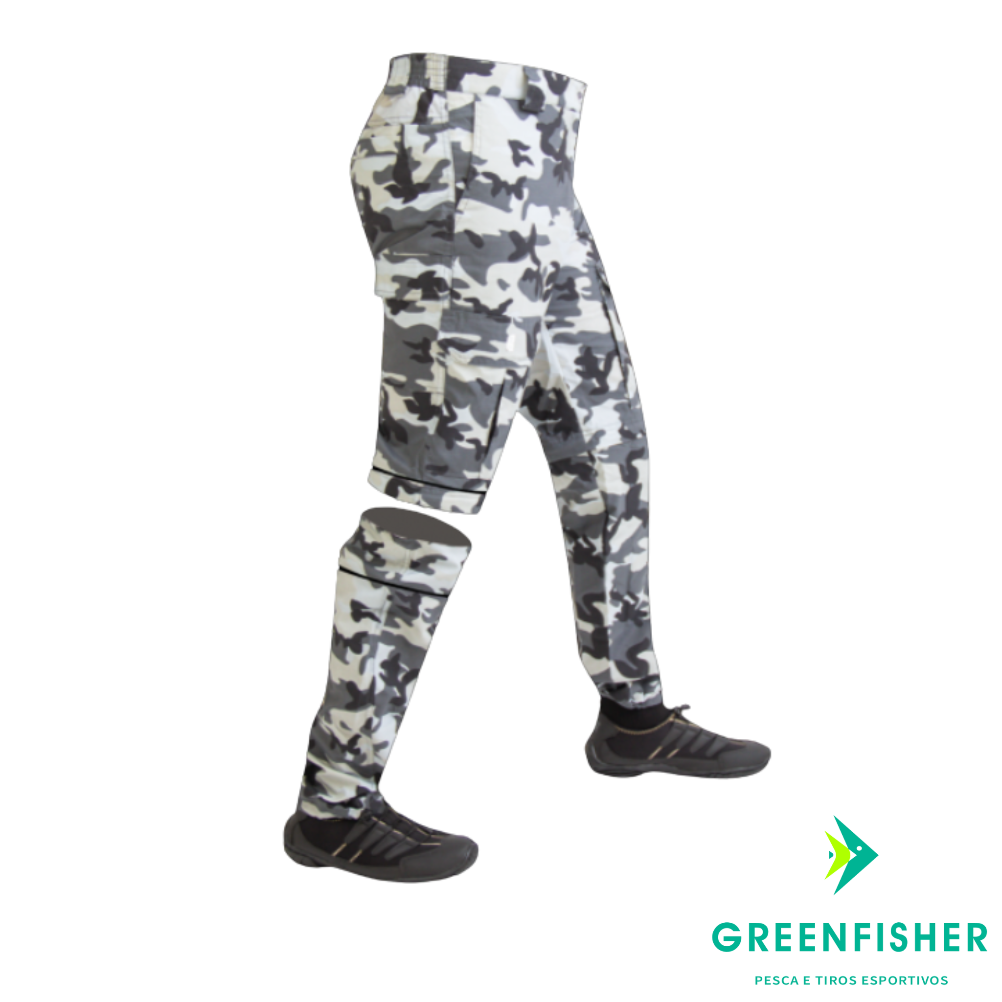 CALÇA BERMUDA LINHA PREMIUM - CAMUFLADO CINZA / MAR NEGRO FISHING